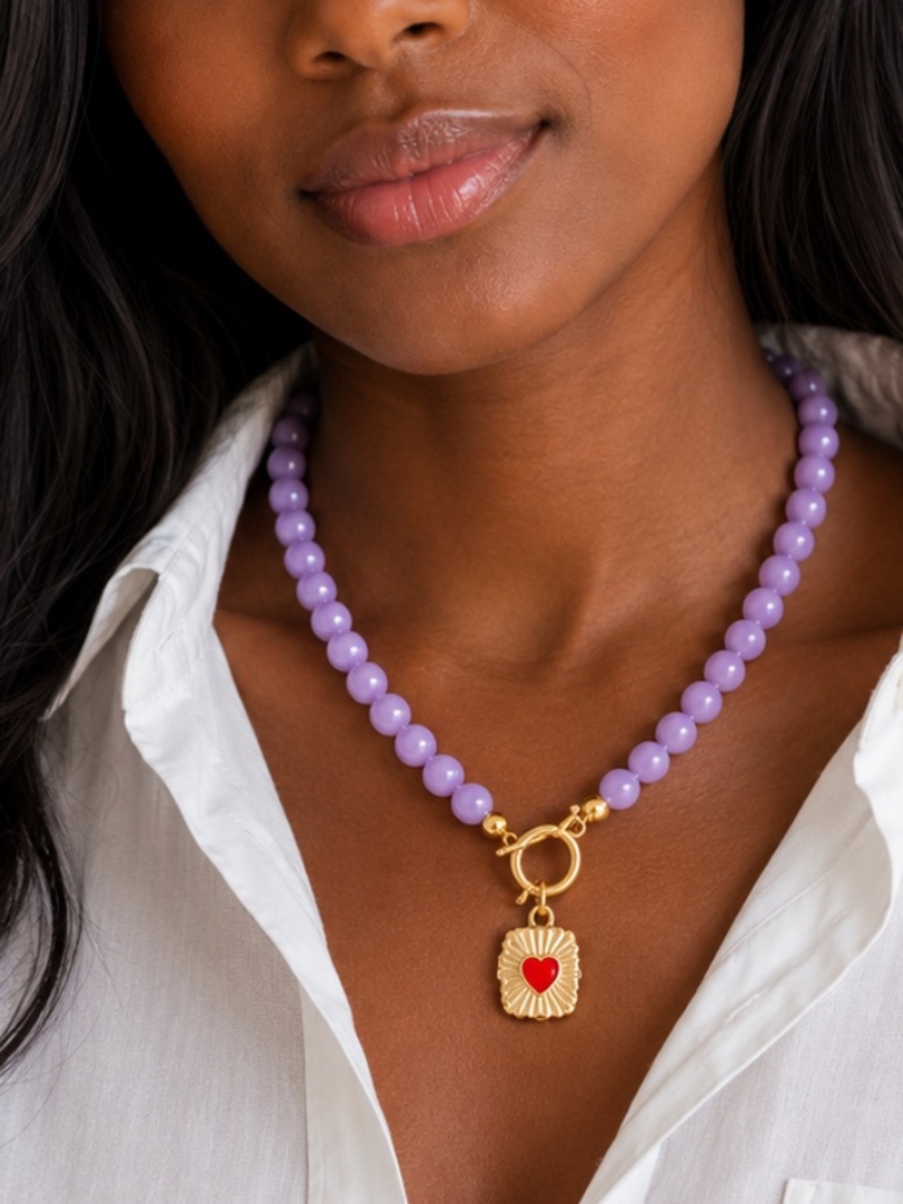 New! Preppy Colorful Purple Beaded Heart Locket Dopamine Necklace NWOT 5047